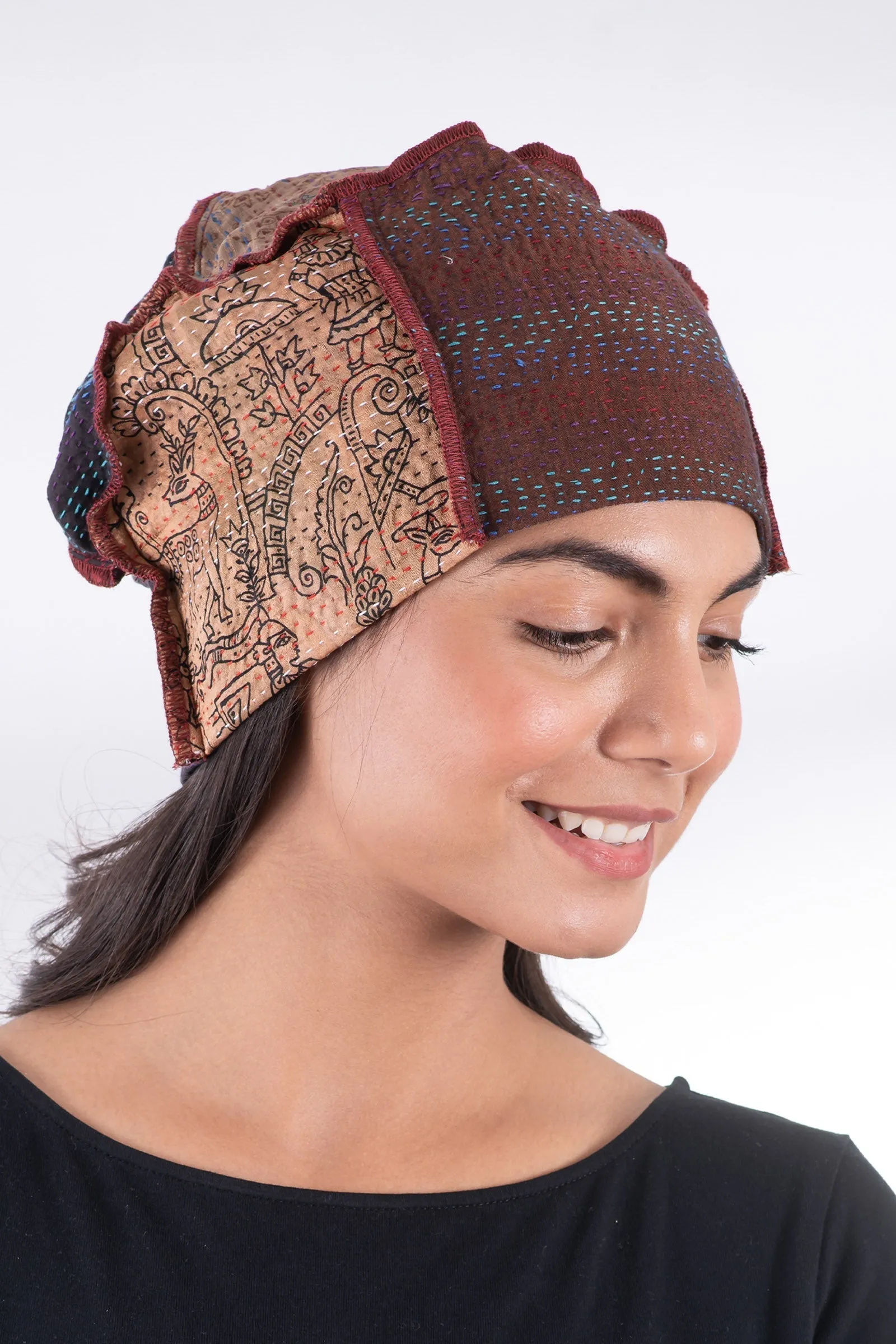 VINTAGE SILK KANTHA PATCHWORK HAT - sv2880-brn -