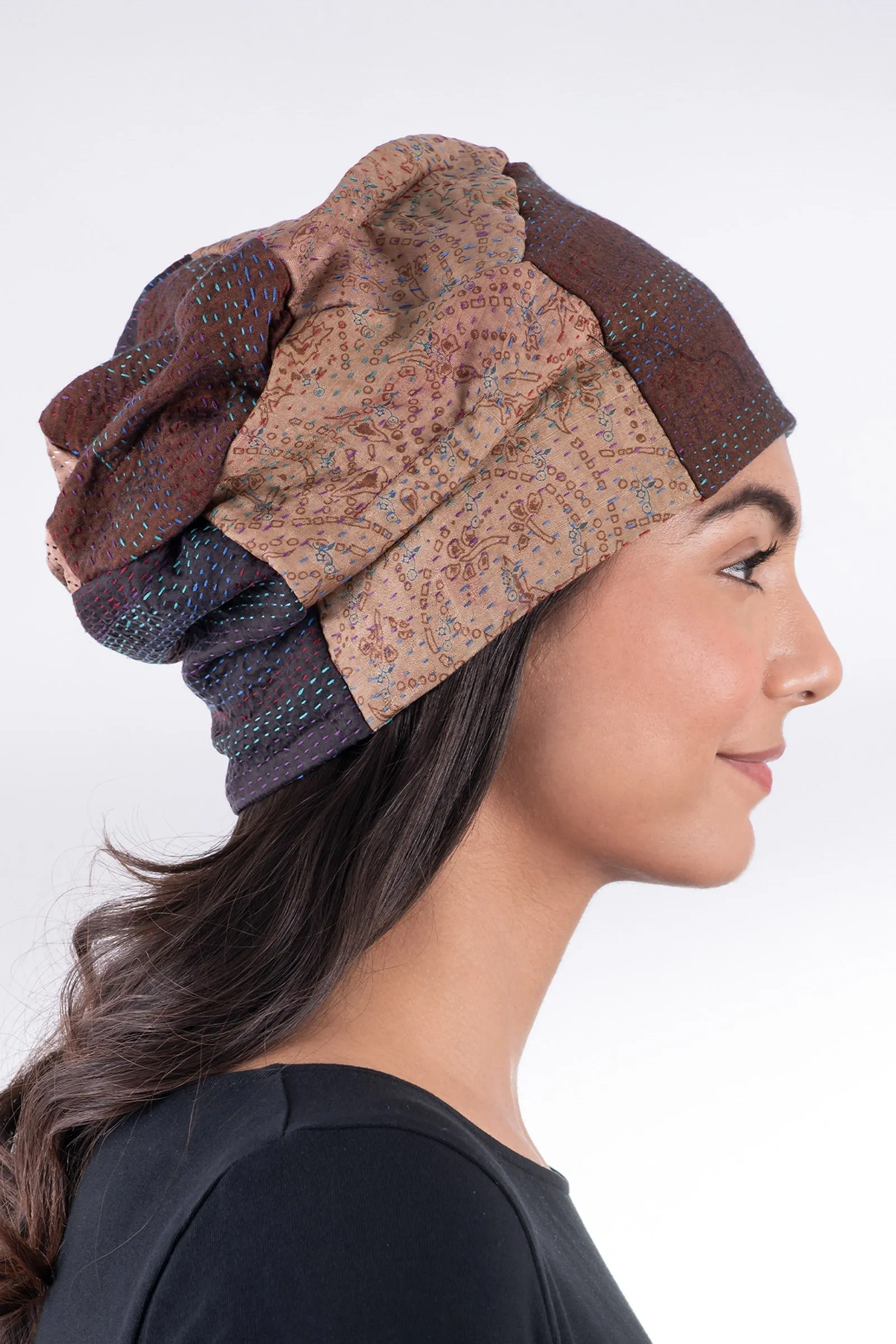 VINTAGE SILK KANTHA PATCHWORK HAT - sv2880-brn -