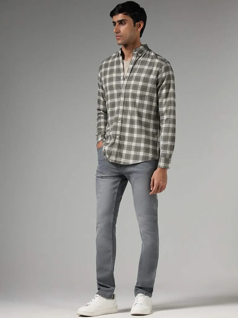 WES Casuals Light Olive Checked Cotton Slim-Fit Shirt