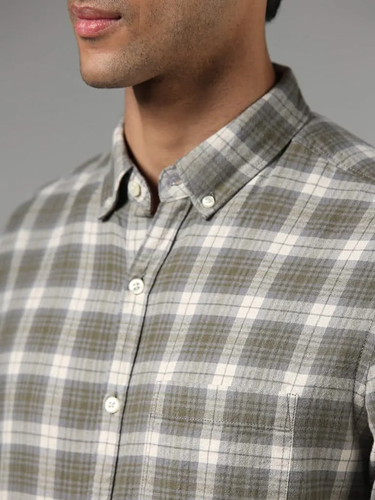 WES Casuals Light Olive Checked Cotton Slim-Fit Shirt