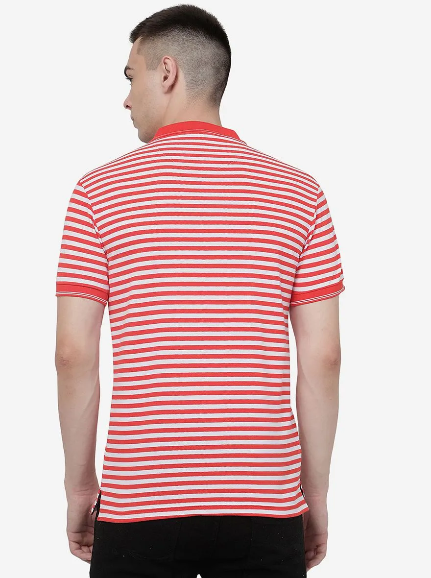 White & Orange Striped Slim Fit Polo T-Shirt | Greenfibre