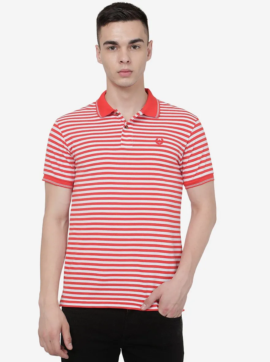 White & Orange Striped Slim Fit Polo T-Shirt | Greenfibre