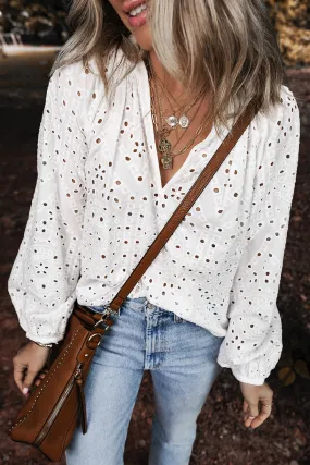 White Eyelet Embroidered Puff Sleeve V Neck Blouse