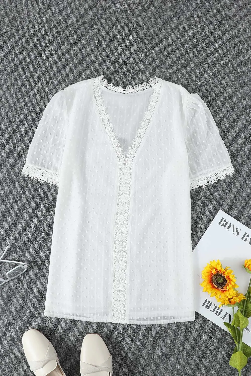 White Lace Splicing V-Neck Swiss Dot Short Sleeve Blouse