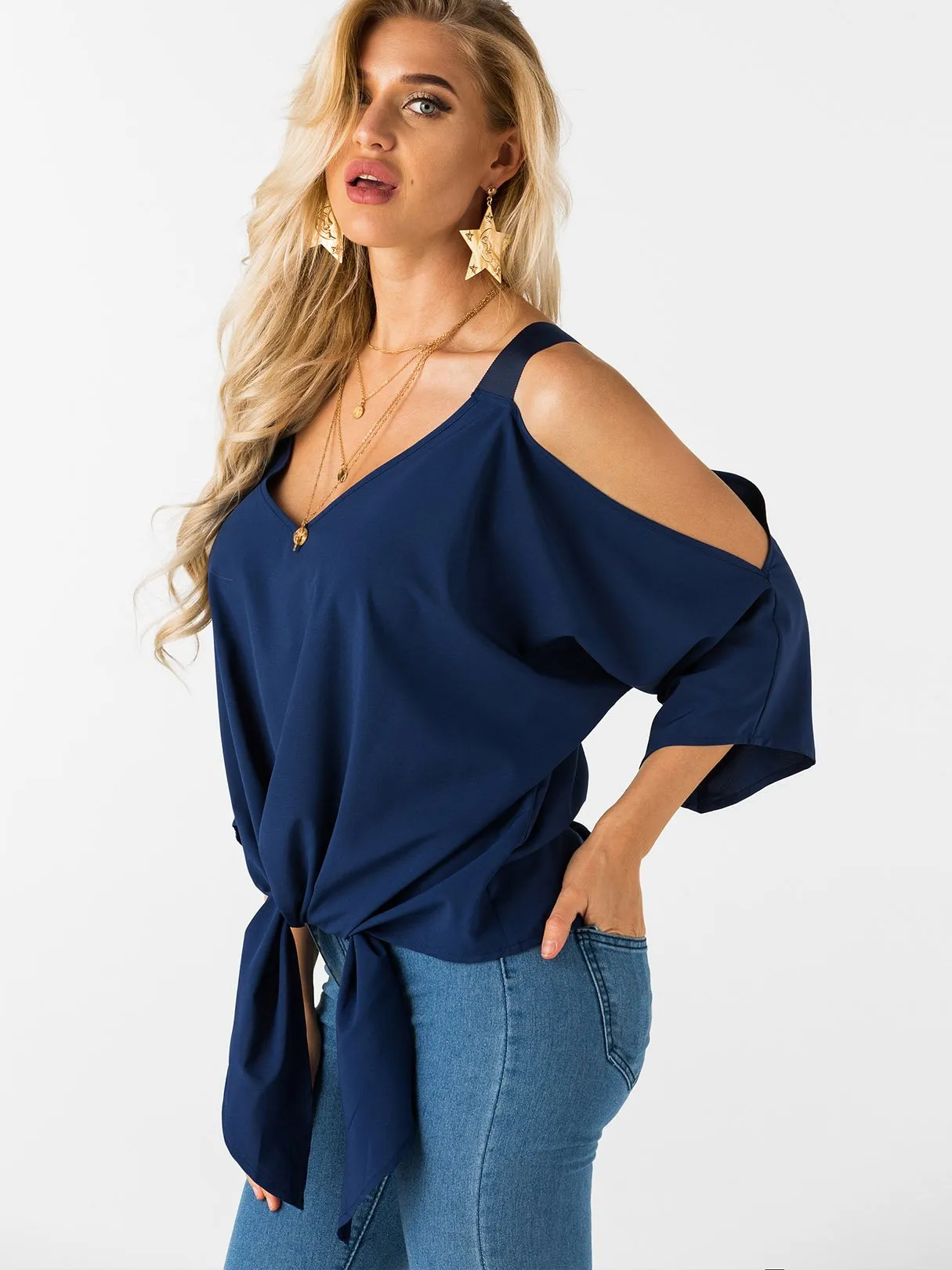 Wholesale Navy Cold Shoulder 3/4 Sleeve Length Plain Lace-Up Top