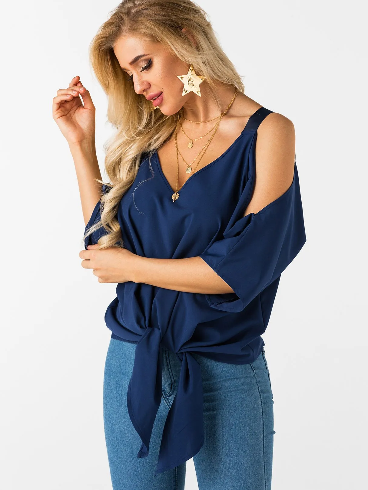 Wholesale Navy Cold Shoulder 3/4 Sleeve Length Plain Lace-Up Top