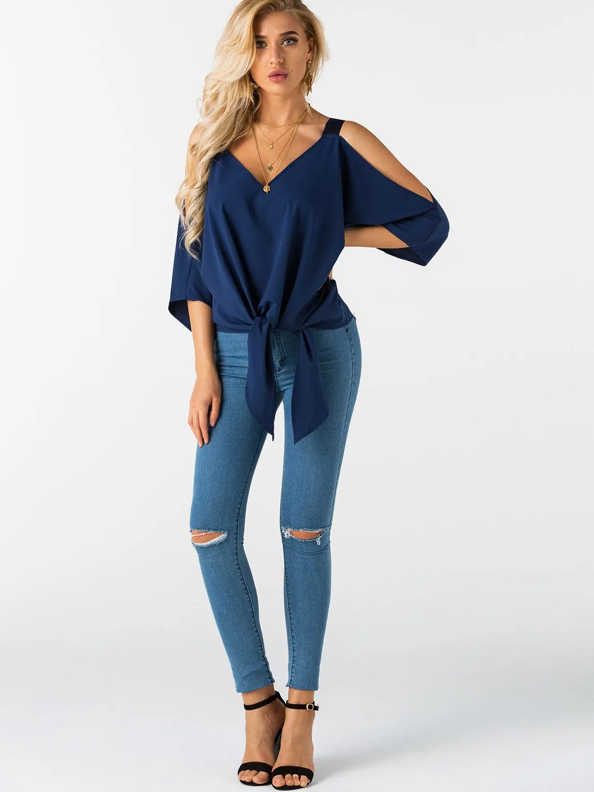 Wholesale Navy Cold Shoulder 3/4 Sleeve Length Plain Lace-Up Top