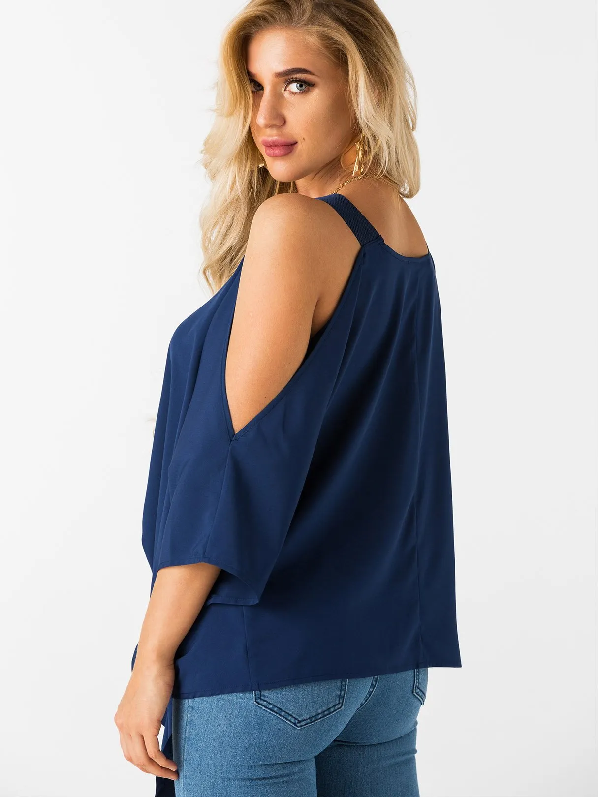 Wholesale Navy Cold Shoulder 3/4 Sleeve Length Plain Lace-Up Top