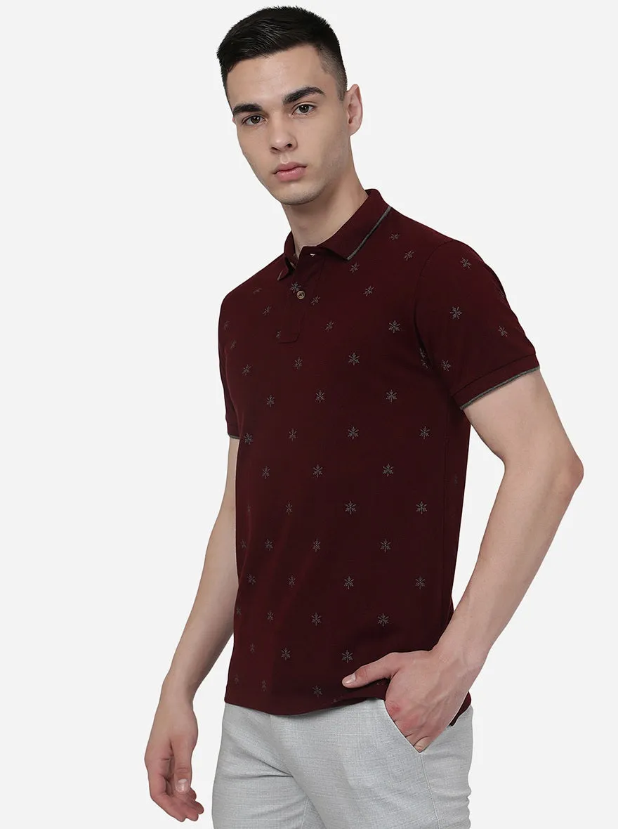 Wine Printed Slim Fit Polo T-Shirt | Greenfibre