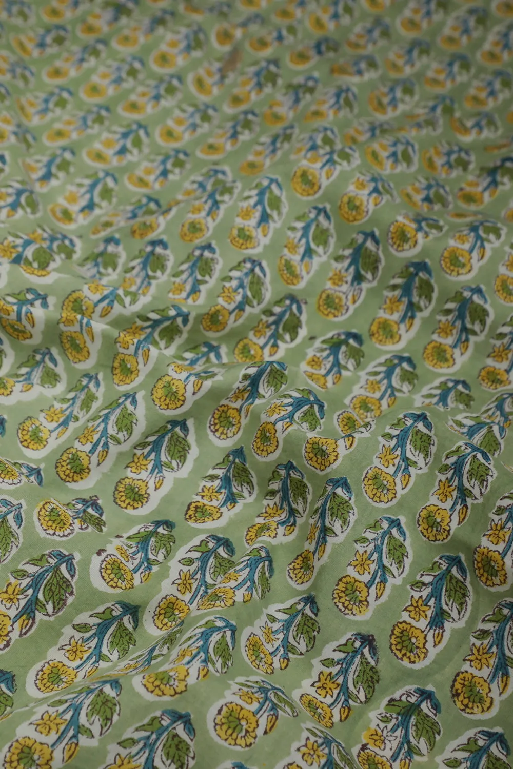 Yellow Floral on Green Sanganeri Cotton Fabric-0.6m