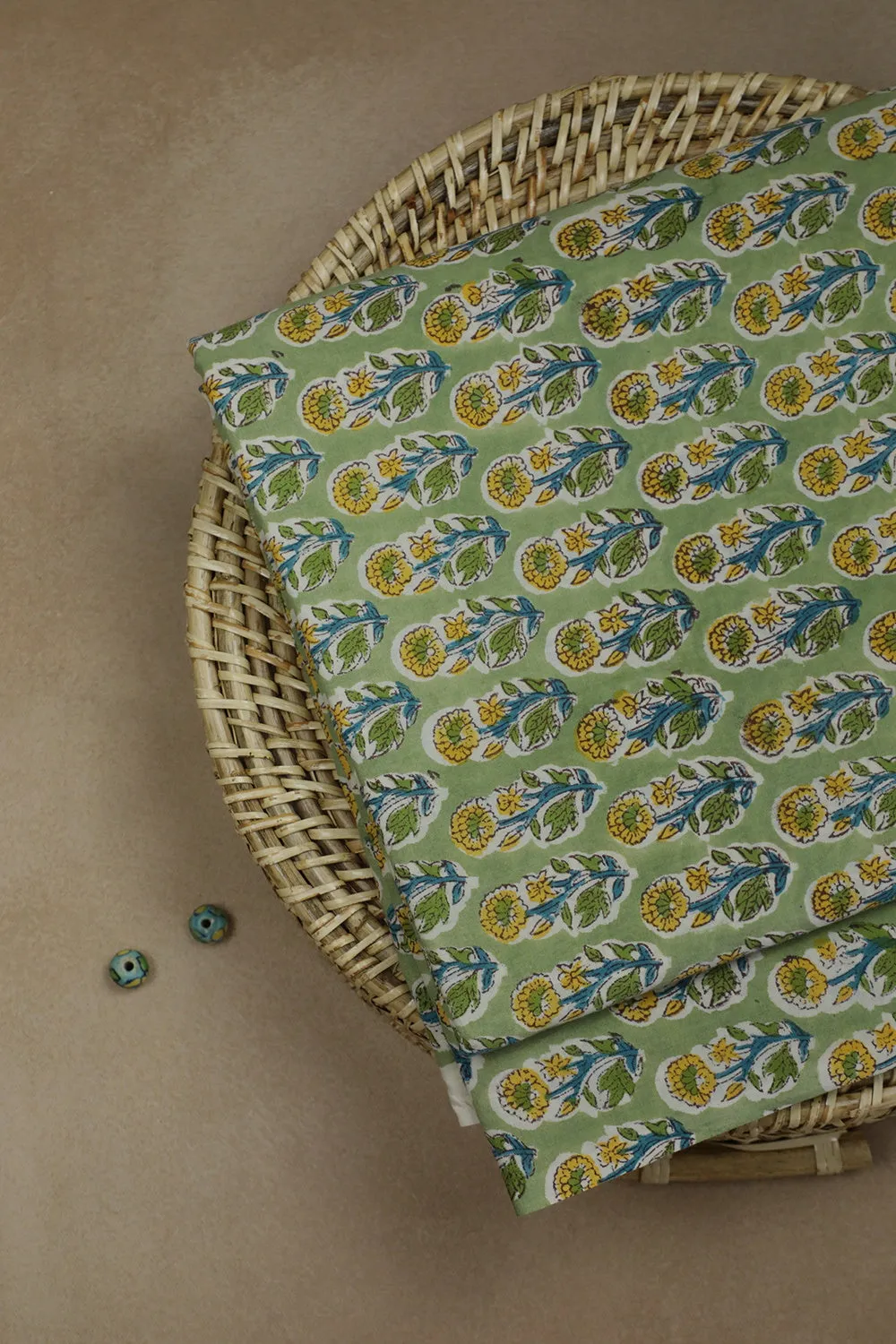 Yellow Floral on Green Sanganeri Cotton Fabric-0.6m