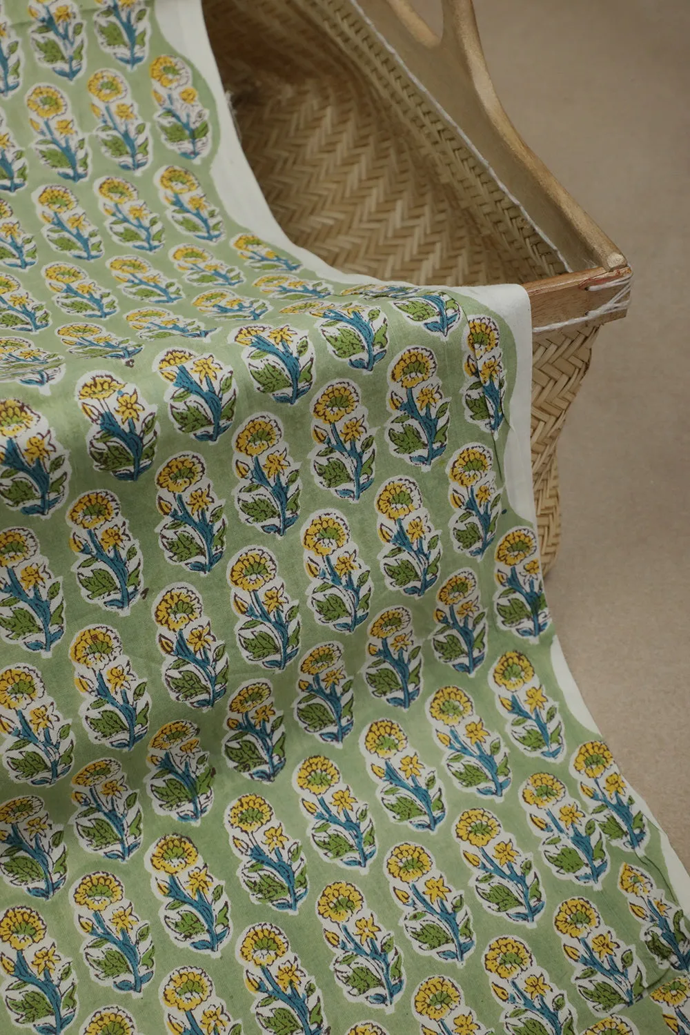 Yellow Floral on Green Sanganeri Cotton Fabric-0.6m