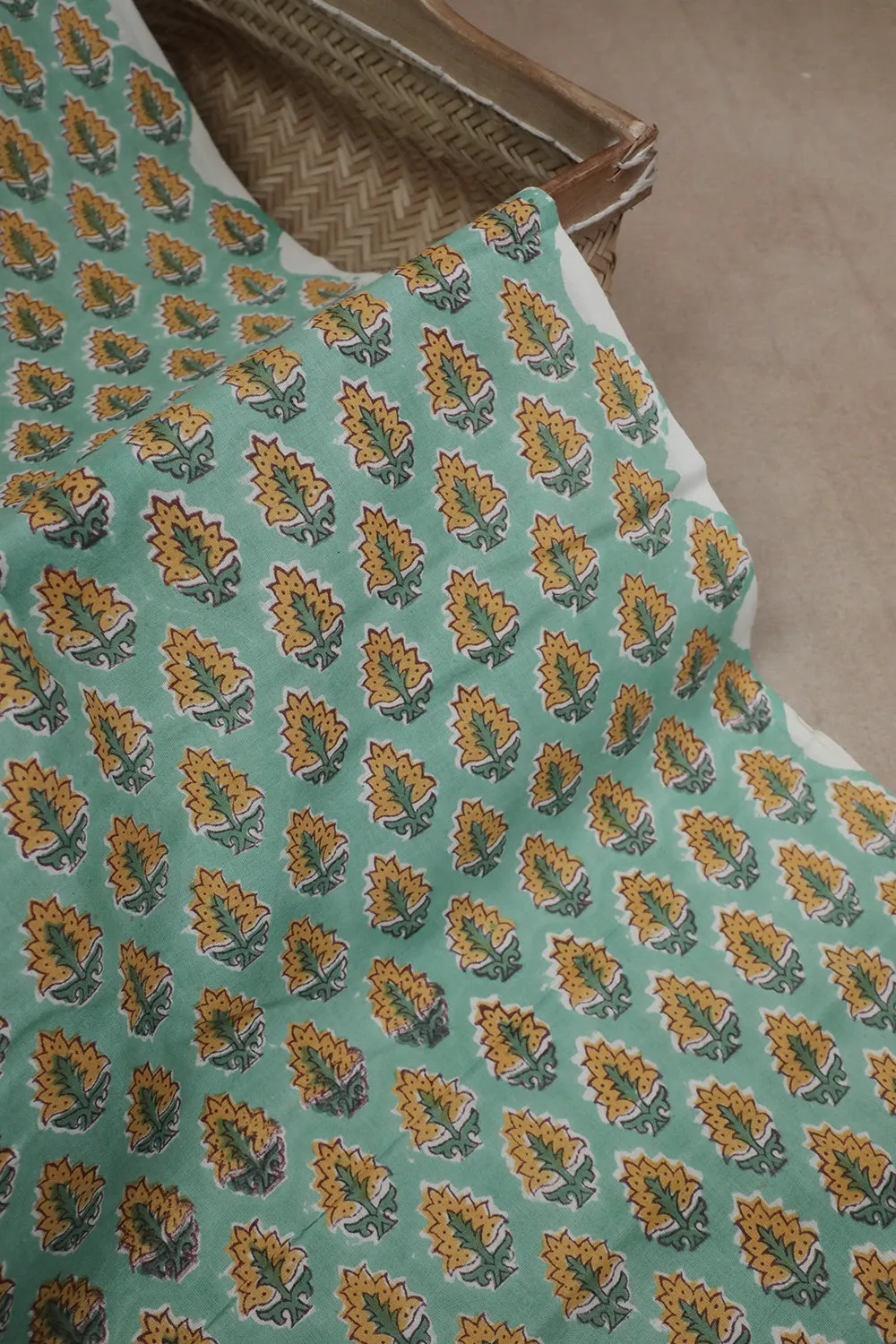 Yellow Motifs on Green Sanganeri Cotton Fabric