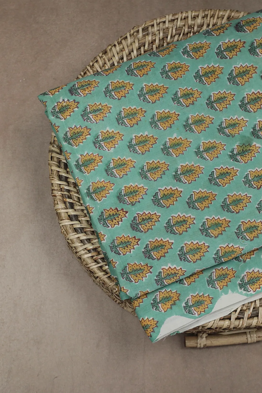 Yellow Motifs on Green Sanganeri Cotton Fabric